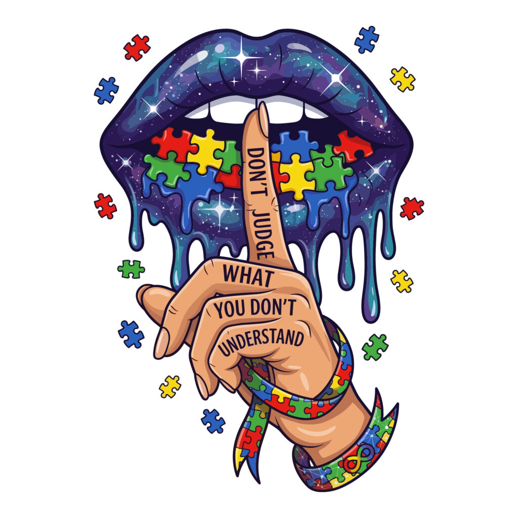 Galaxy pattern lips dripping colorful autism puzzle pieces with a hand holding a puzzle ribbon and the text Dont Judge What You Dont Understand
