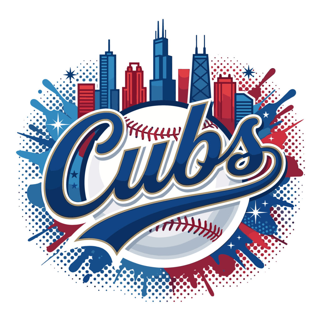 Graphic of Chicago baseball skyline with paint splatters in red white and blue