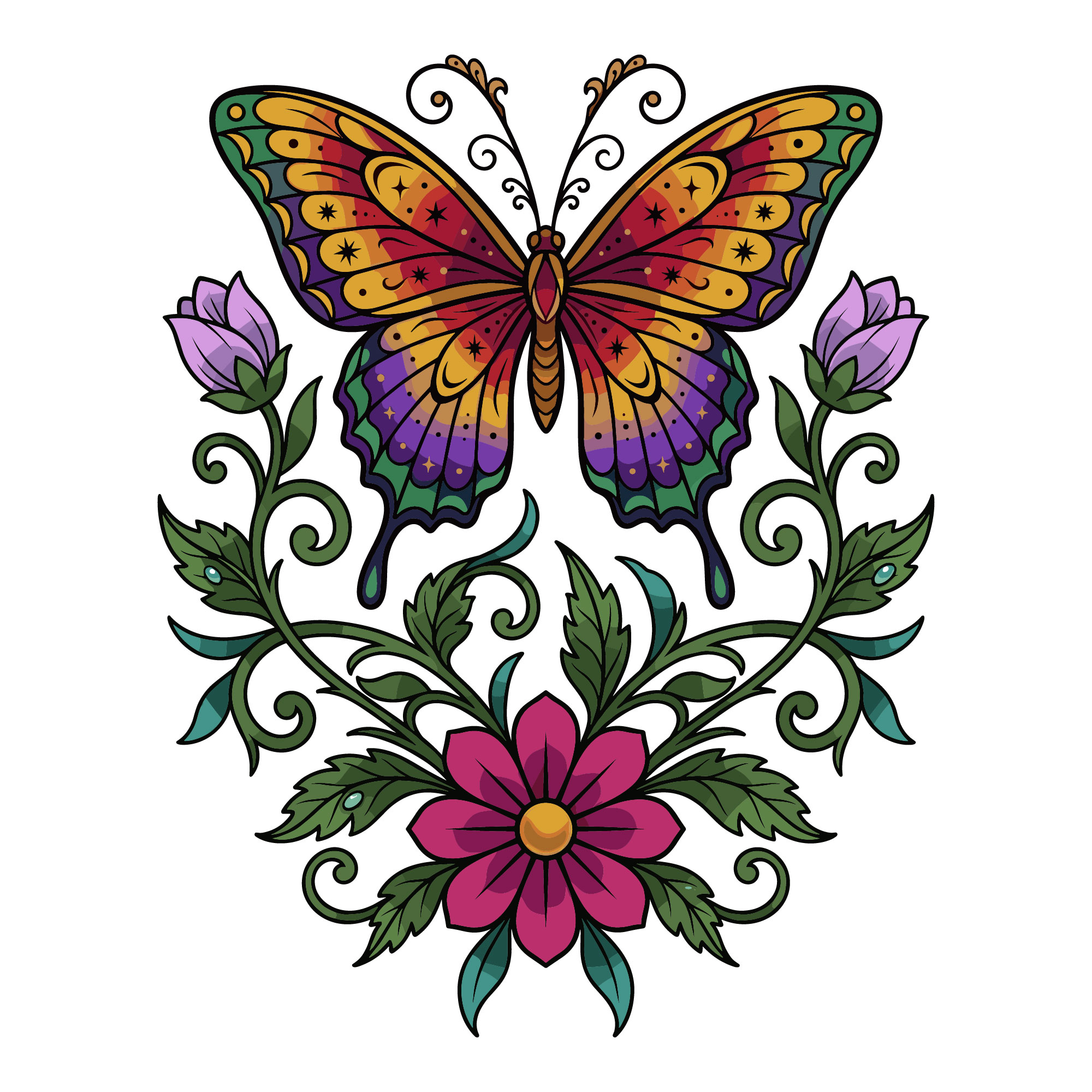 Colorful butterfly with stained glass patterned wings hovering over pink and purple floral vines