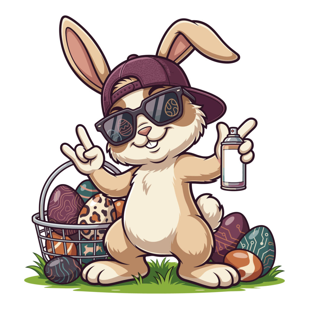 Cool urban Easter bunny wearing sunglasses and a backward cap holding spray paint next to a wire basket of decorated eggs.