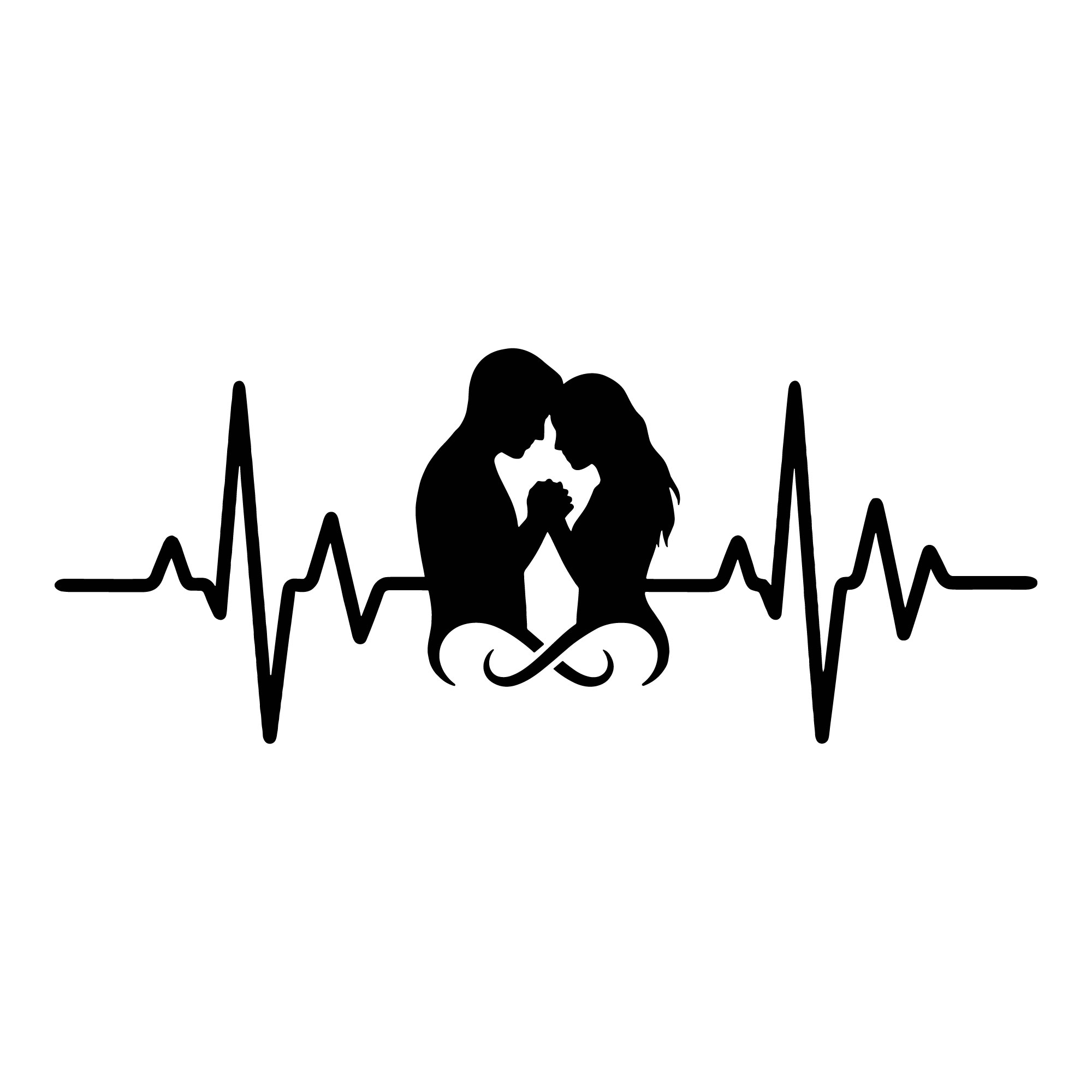 Black silhouette of a romantic couple holding hands incorporated into a heartbeat medical line and a lower infinity symbol