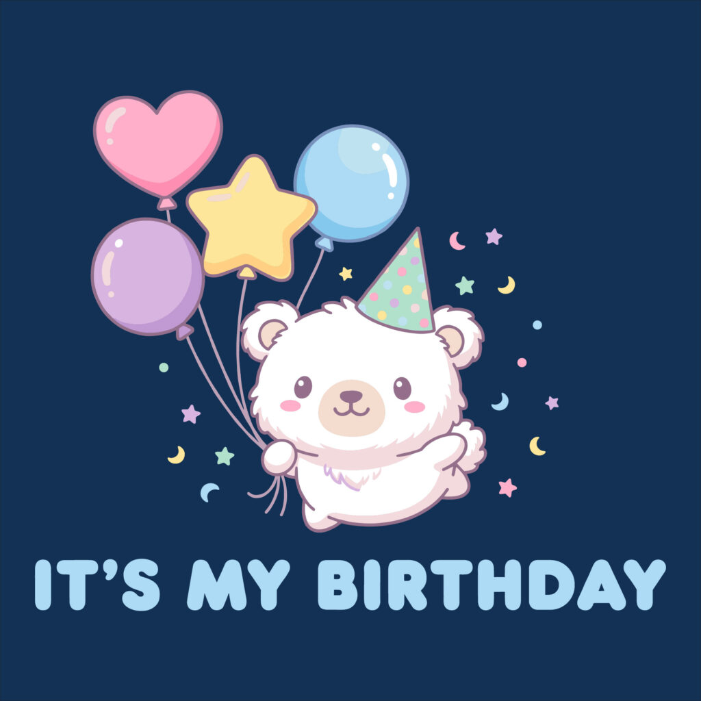 Cute white bear wearing a party hat and holding pastel balloons for kids birthday crafts