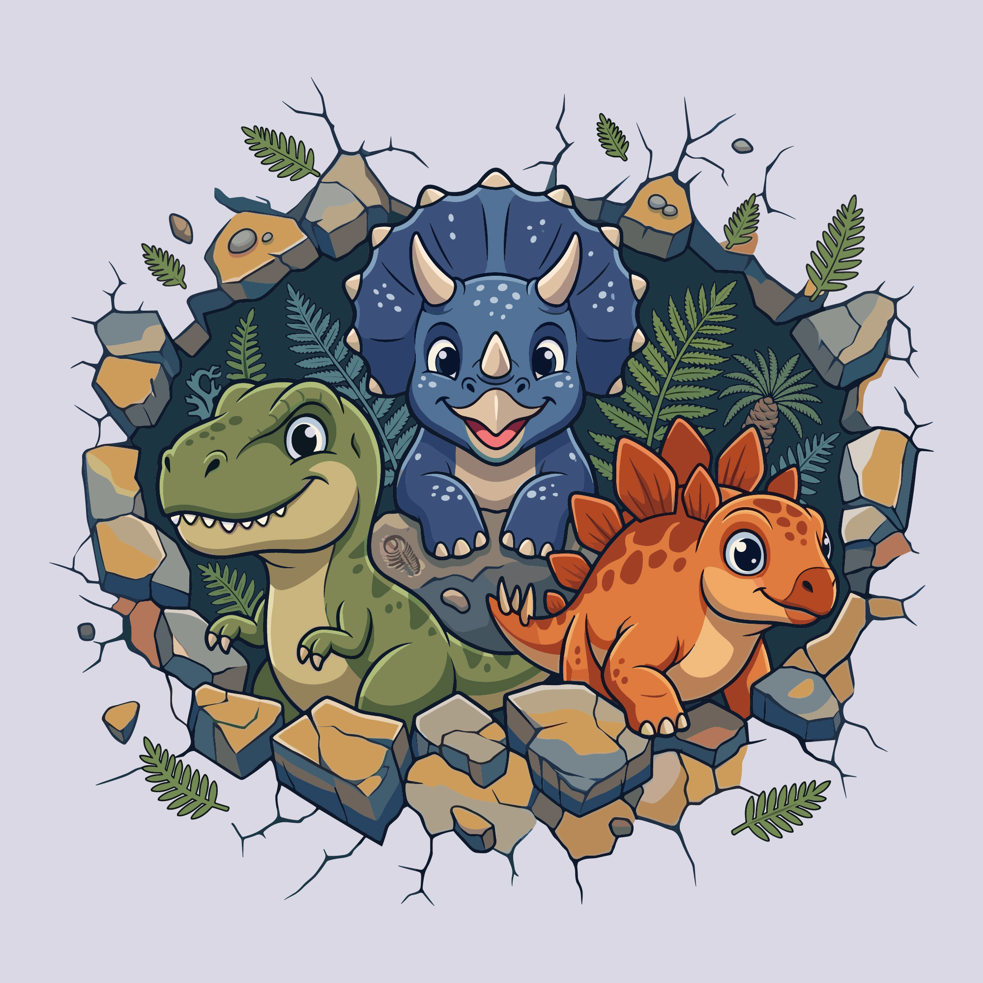 Cute Dinosaur SVG showing cartoon T rex triceratops and stegosaurus breaking through a cracked stone wall