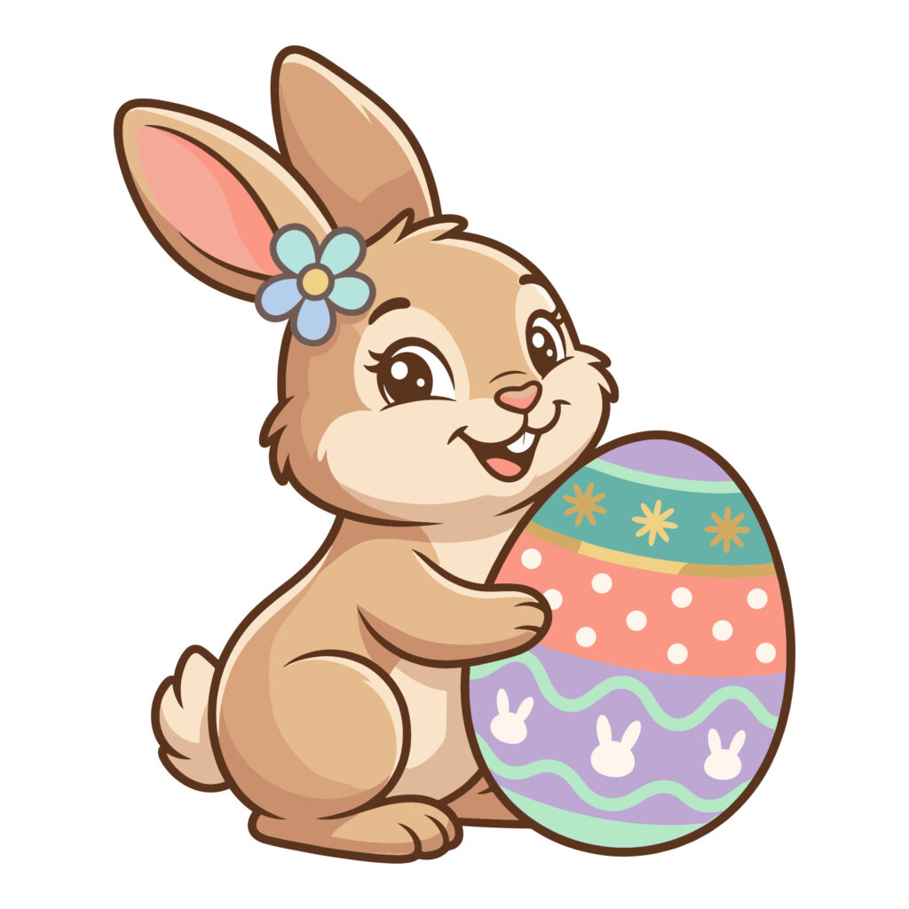 Cute cartoon Easter bunny with a blue flower holding a colorful decorated egg vector illustration