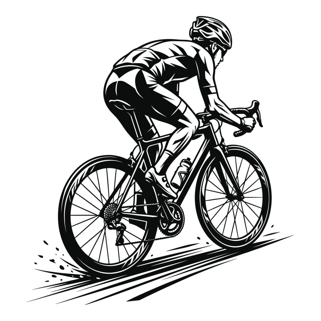 Black and white vector illustration of a cyclist riding a road bike, available for free download.