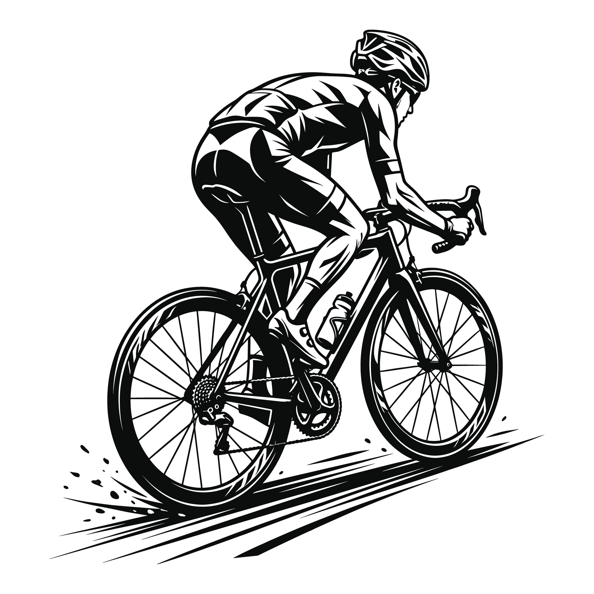Black and white vector illustration of a cyclist riding a road bike, available for free download.
