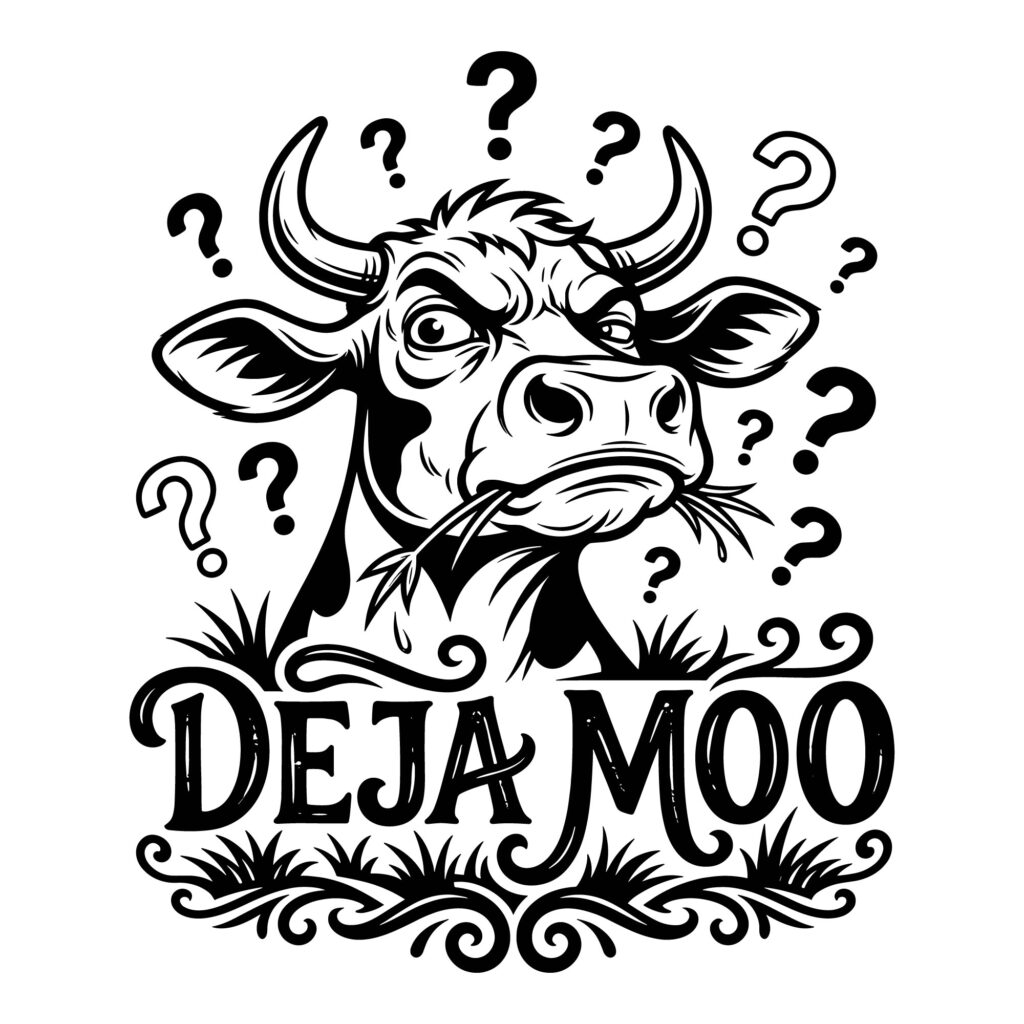 Black and white vector illustration of a confused cow surrounded by question marks with the text Deja Moo below it