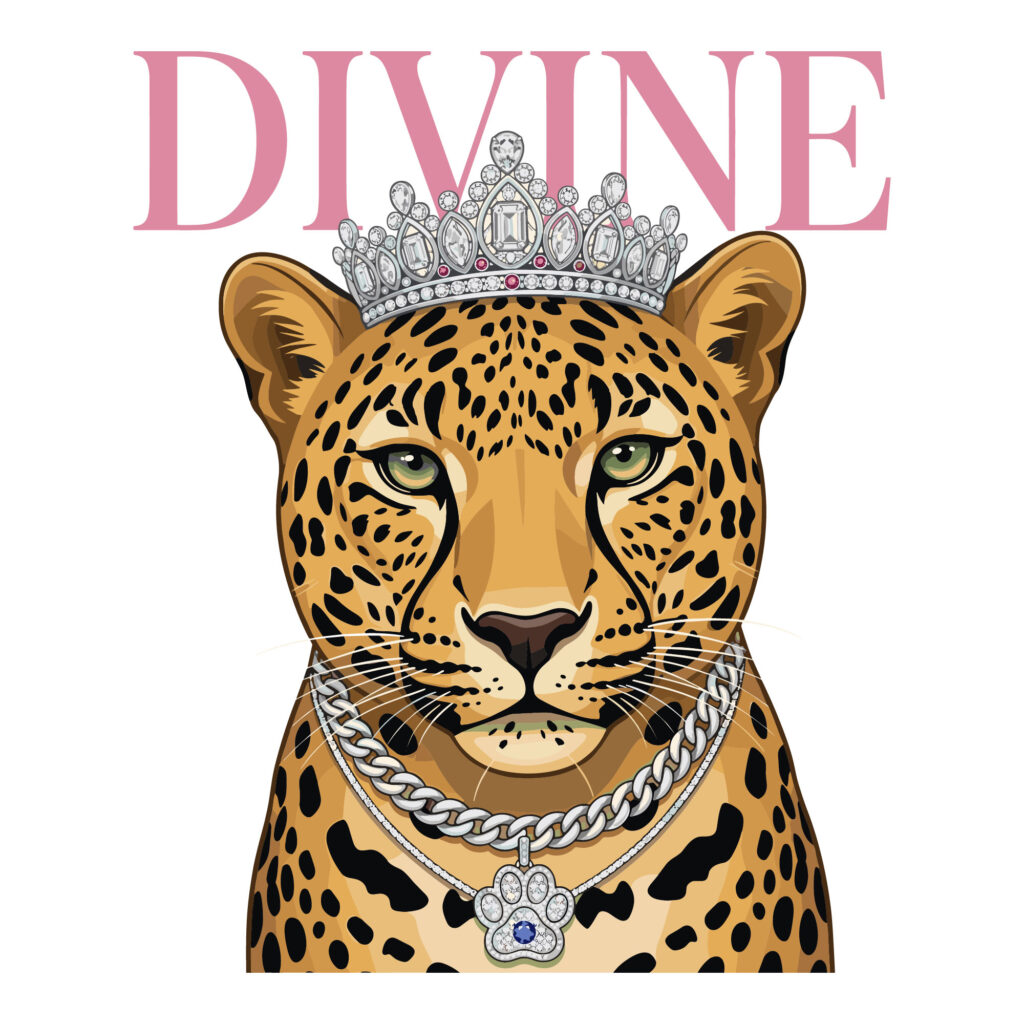 Vector illustration of a majestic leopard wearing a diamond tiara and silver chain necklace with a paw print pendant underneath the pink word DIVINE.