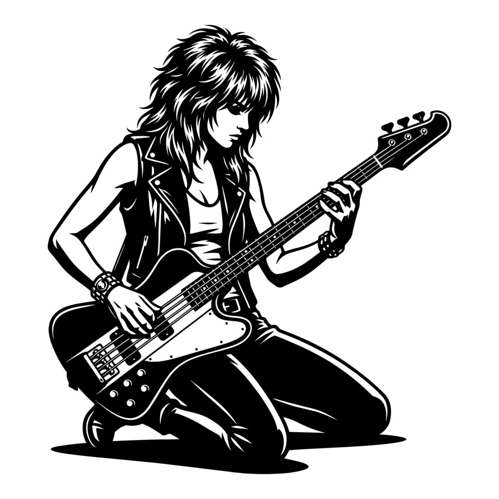 Black and white vector illustration of a female rock musician playing a bass guitar.