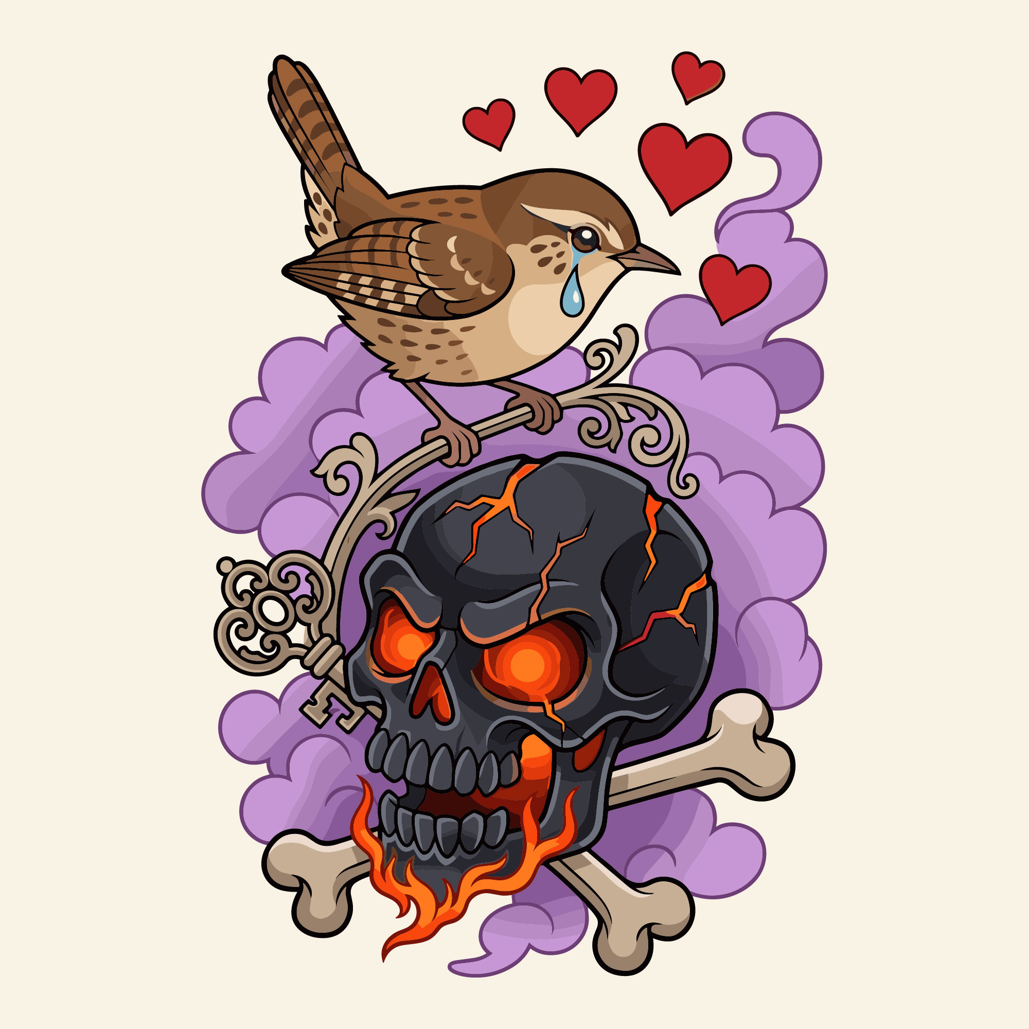 Neo traditional tattoo style illustration of a flaming skull with crossbones a skeleton key and a crying bird surrounded by red hearts and purple smoke