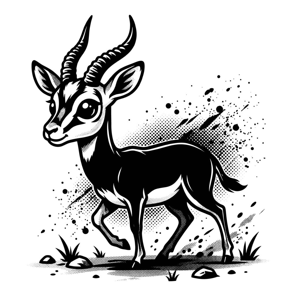Black and white vector illustration of a cute baby gazelle with halftone shading and paint splatters