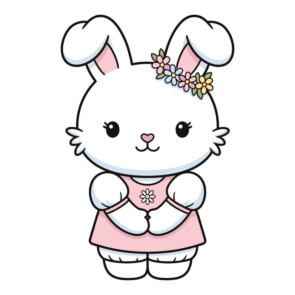 Cute kawaii white bunny wearing a pink dress and colorful floral crown