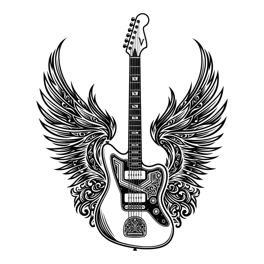 Winged electric guitar SVG detailed black and white vector illustration with filigree