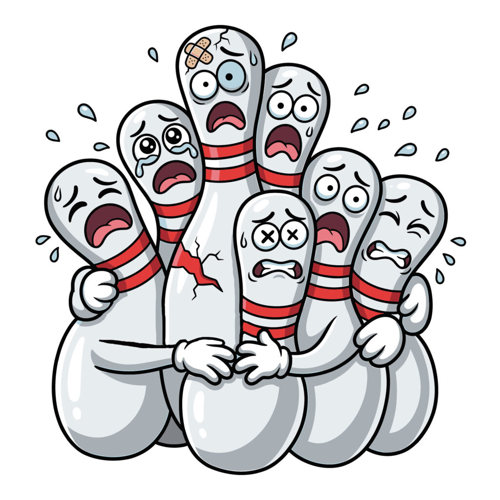 A group of funny cartoon bowling pins with terrified expressions sweating and hugging each other before a strike
