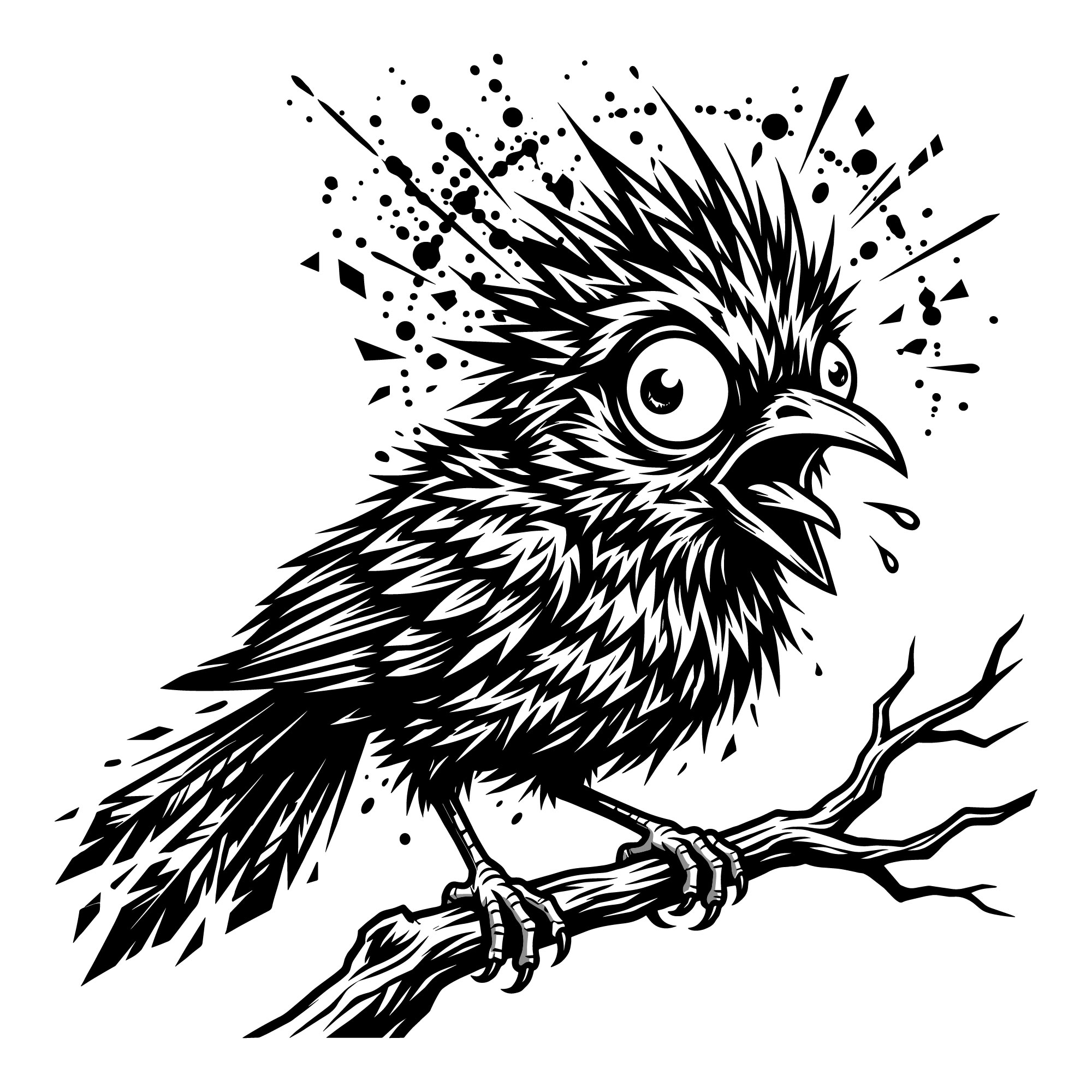 Crazy bird SVG displaying a detailed black and white vector illustration of an eccentric wild bird featuring spiky feathers and large expressive eyes perched on a branch.