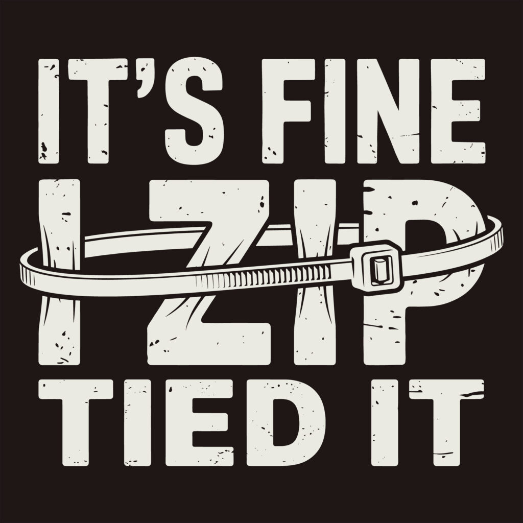 Distressed typography design saying Its Fine I Zip Tied It with a zip tie graphic wrapping around the text.