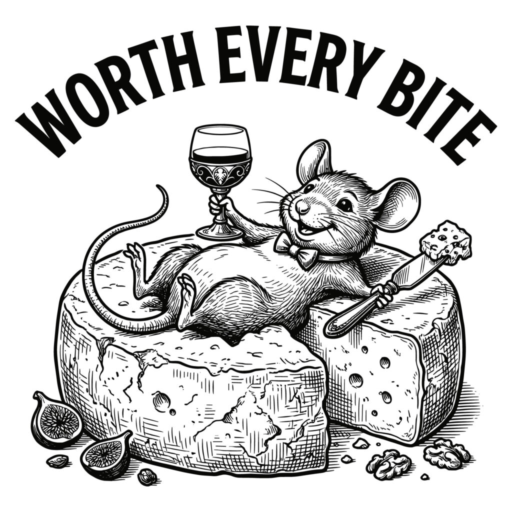 Vintage line art illustration of a funny mouse relaxing on a cheese wheel holding a wine glass with text reading worth every bite