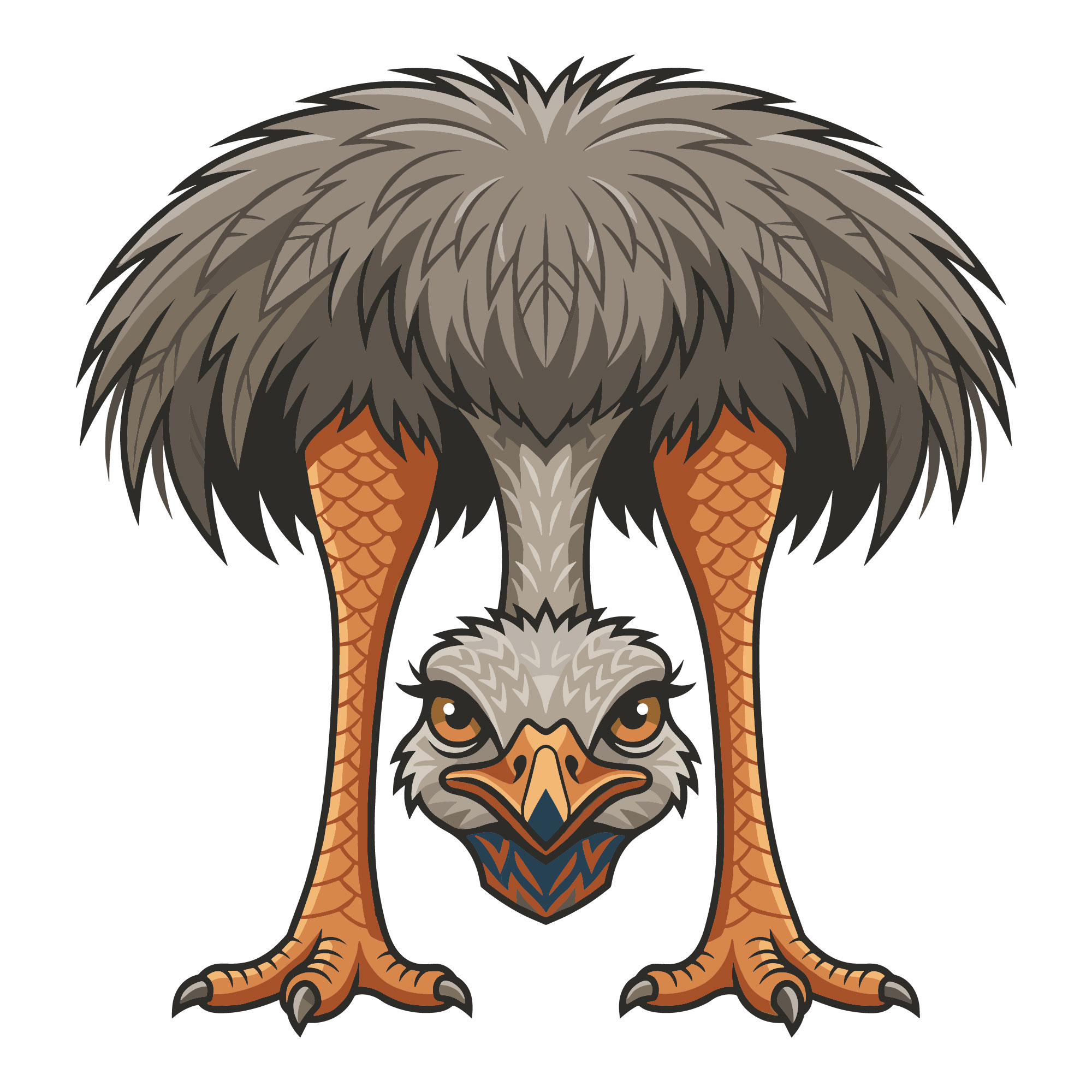 A funny ostrich SVG free high quality vector illustration looking upside down.