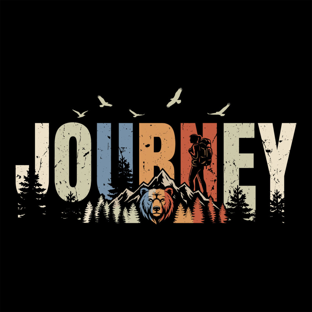 Retro journey typography with vintage sunset mountain pine trees bear portrait and female hiker silhouette SVG vector graphic
