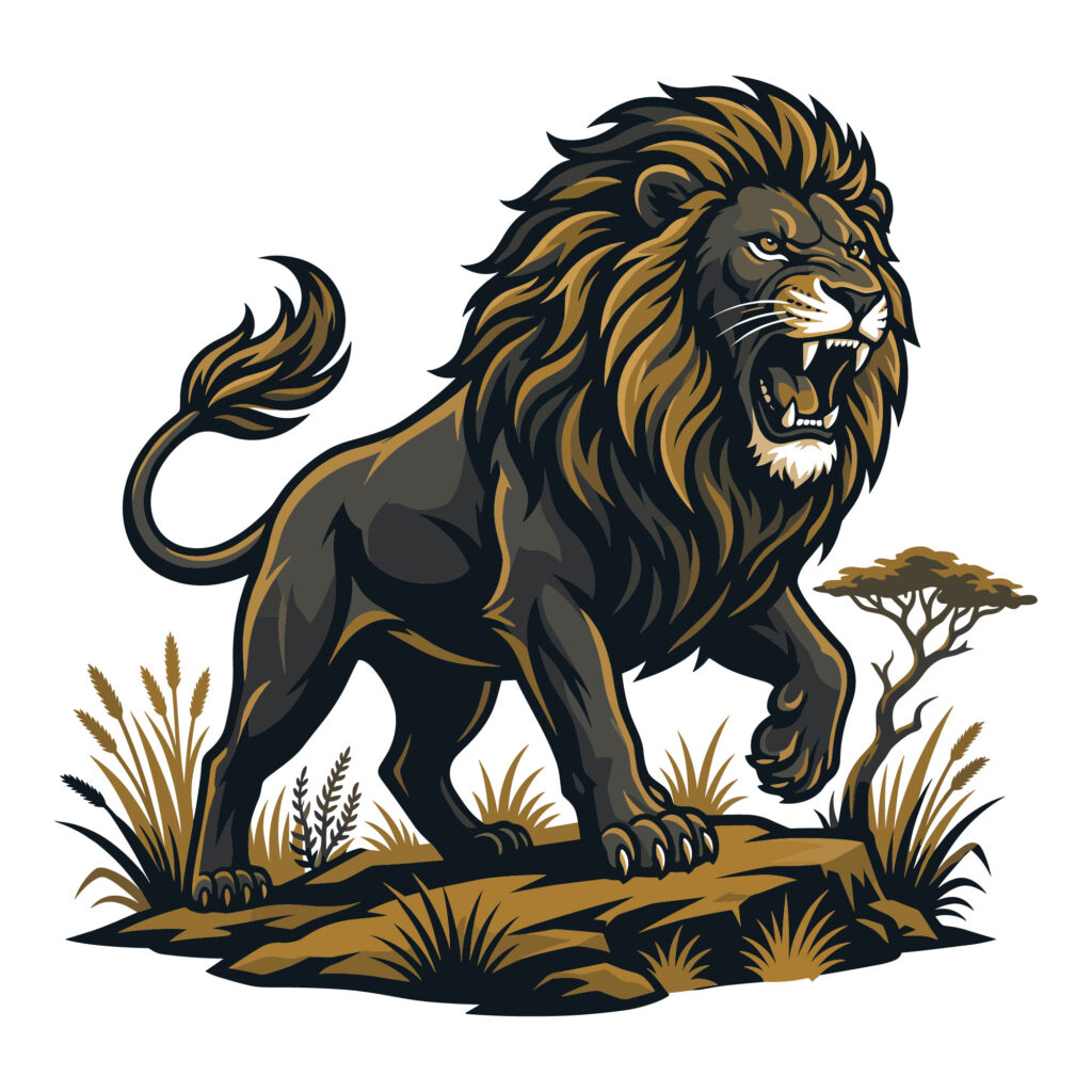 High-quality vector illustration of a fierce, majestic roaring black and gold lion standing on a rock with savanna grass in the background.
