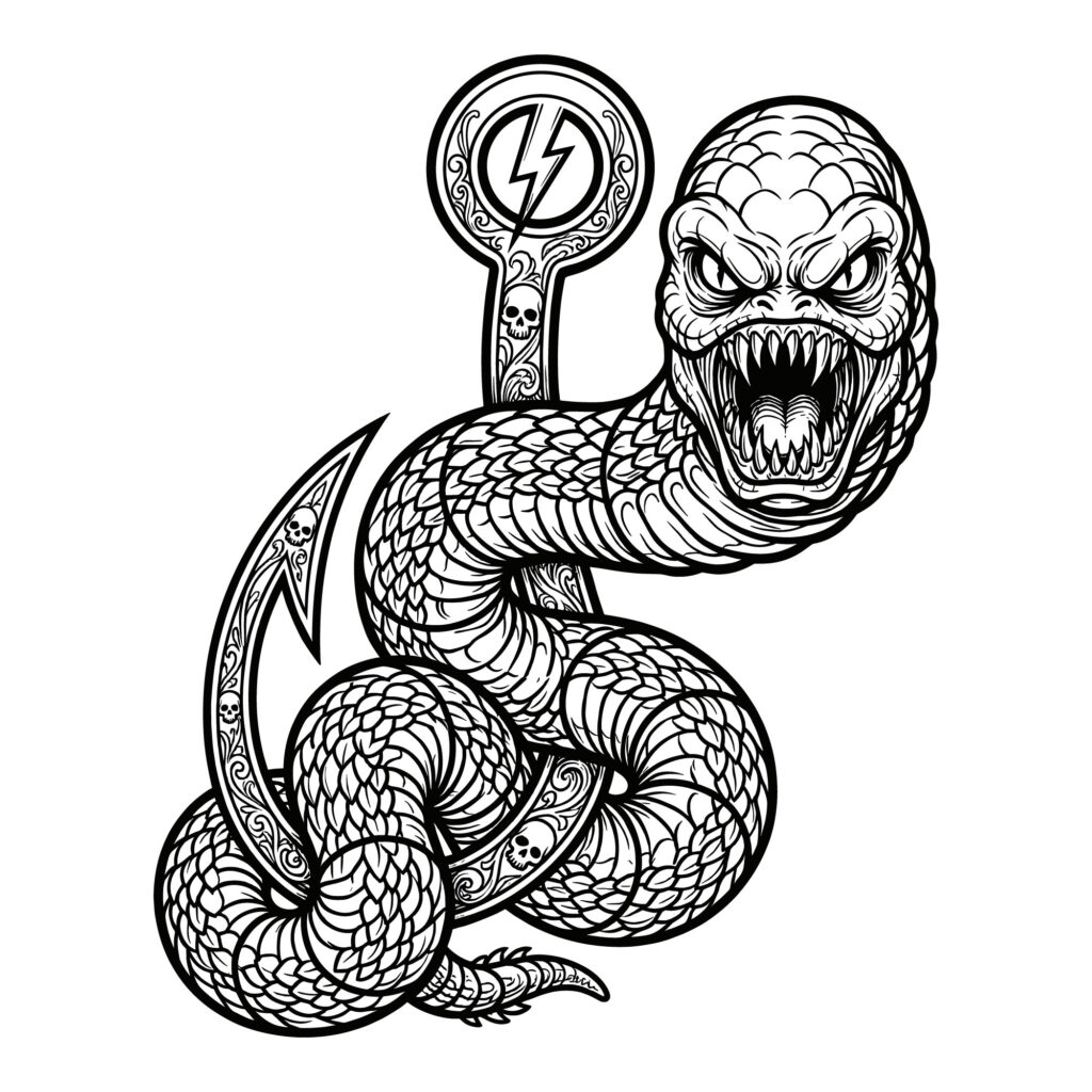Fierce black and white snake coiled around a decorated fish hook with skulls and a lightning bolt symbol