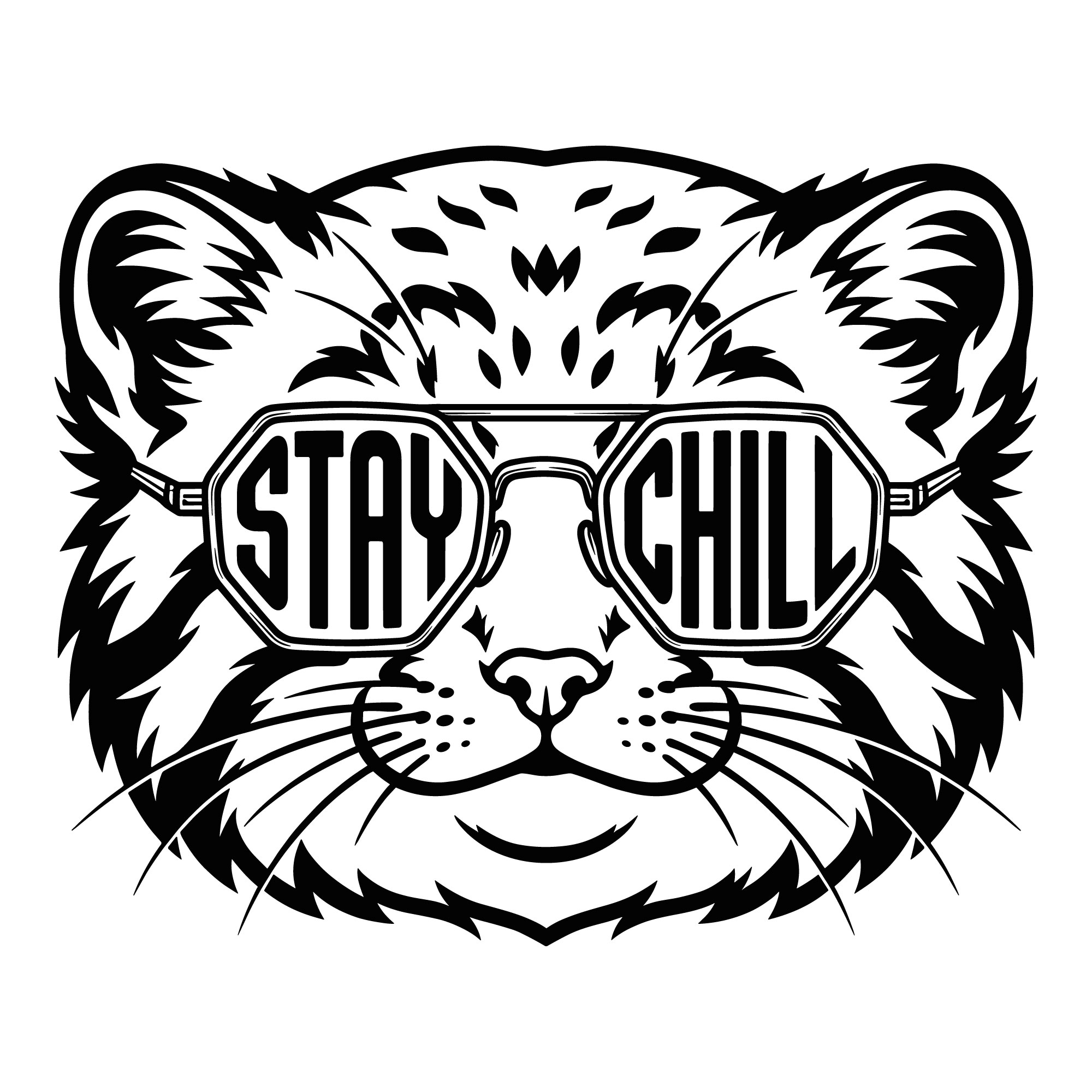 Detailed black and white line art vector illustration of a cool cat wearing retro sunglasses with the words Stay Chill reflected in the lenses.