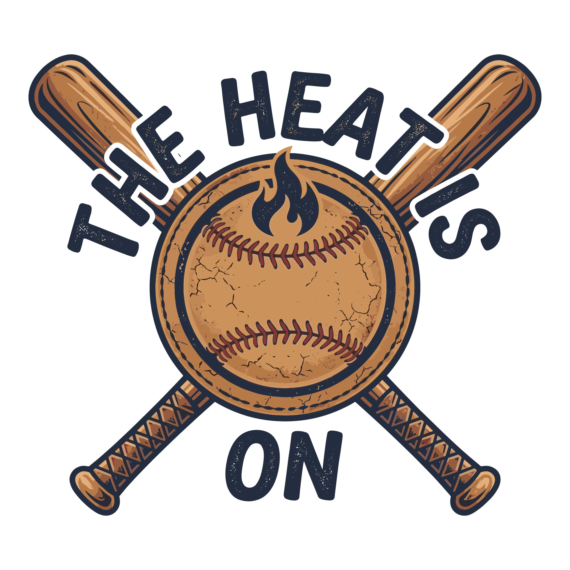 Vintage baseball graphic with crossed bats flames and the heat is on text