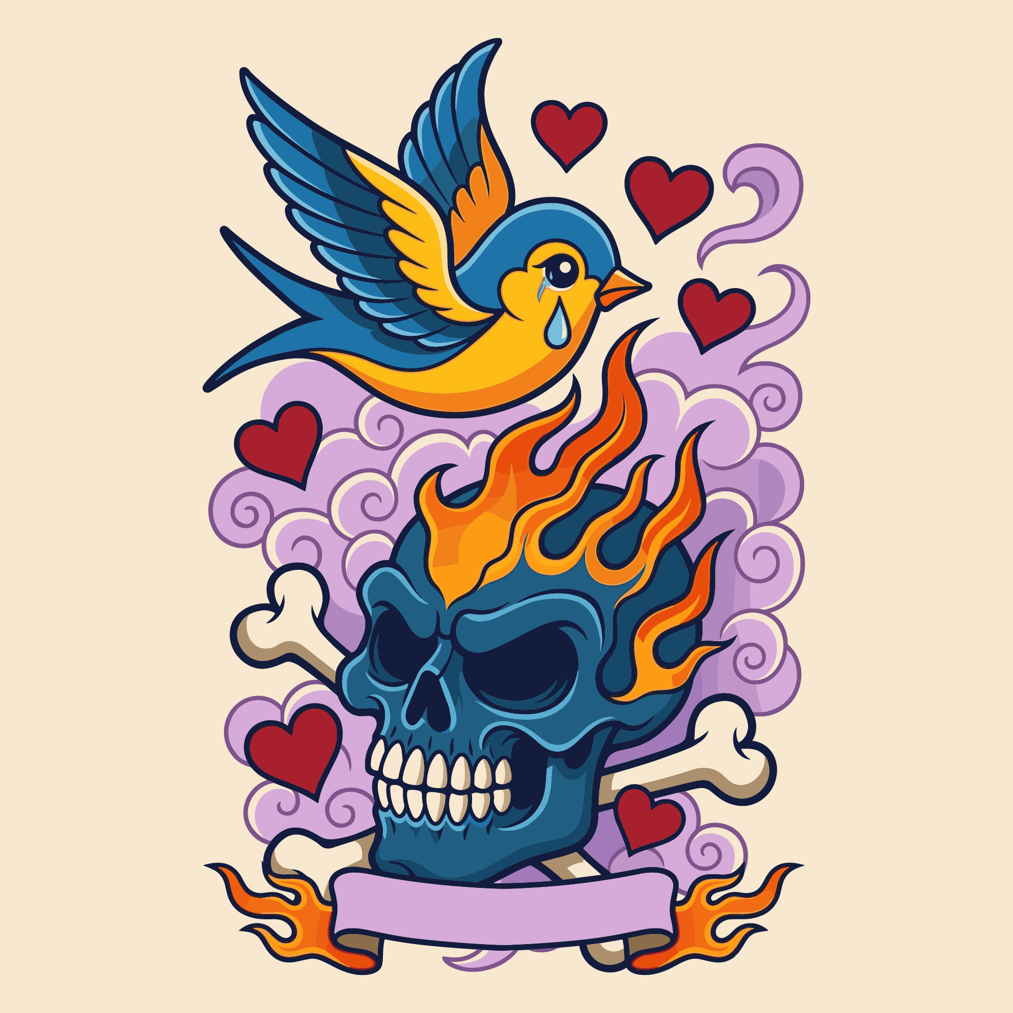 Traditional tattoo style illustration of a blue flaming skull with crossbones below a flying blue swallow bird surrounded by red hearts and purple smoke with a blank ribbon banner at the bottom