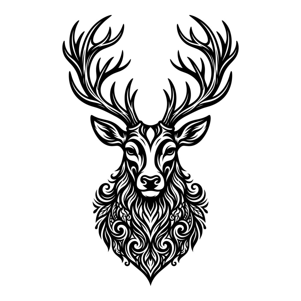 Intricate tribal deer head vector illustration featuring ornate floral and swirl patterns.