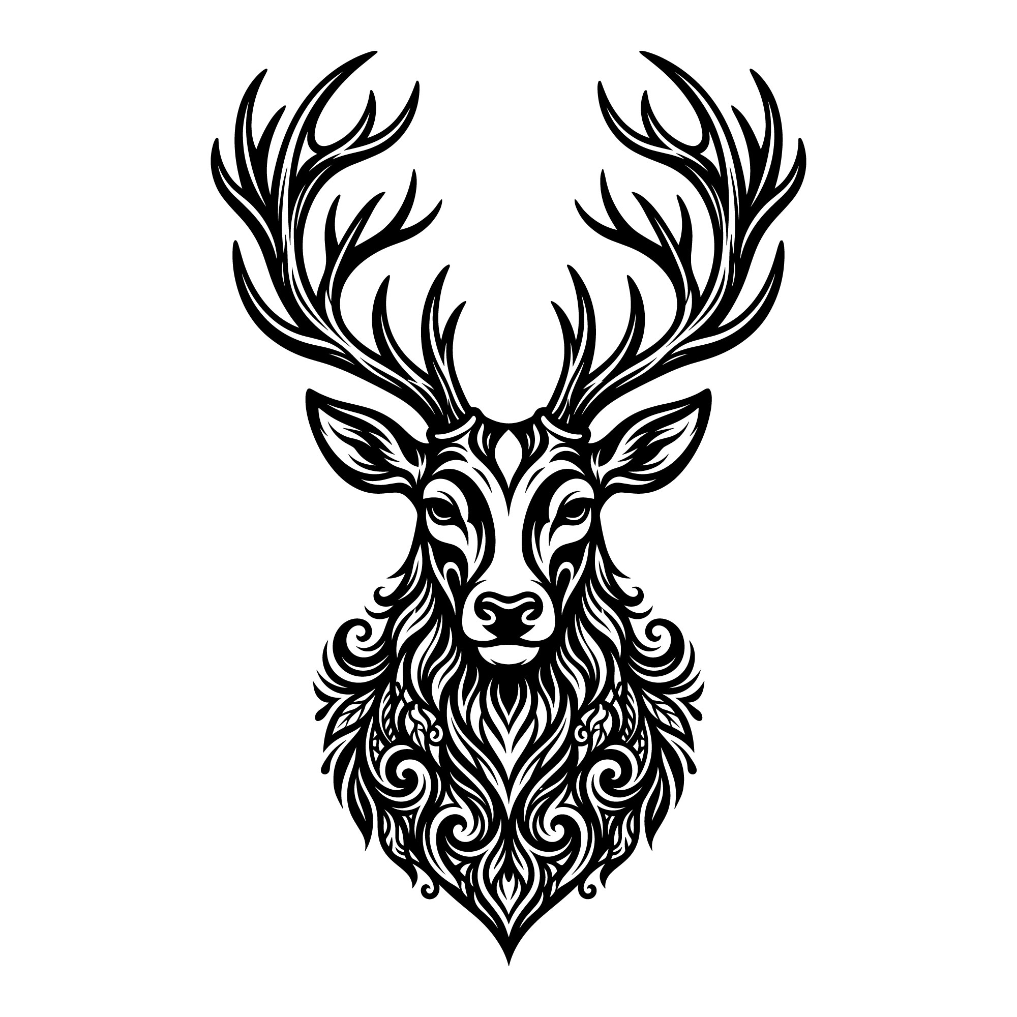 Intricate tribal deer head vector illustration featuring ornate floral and swirl patterns.