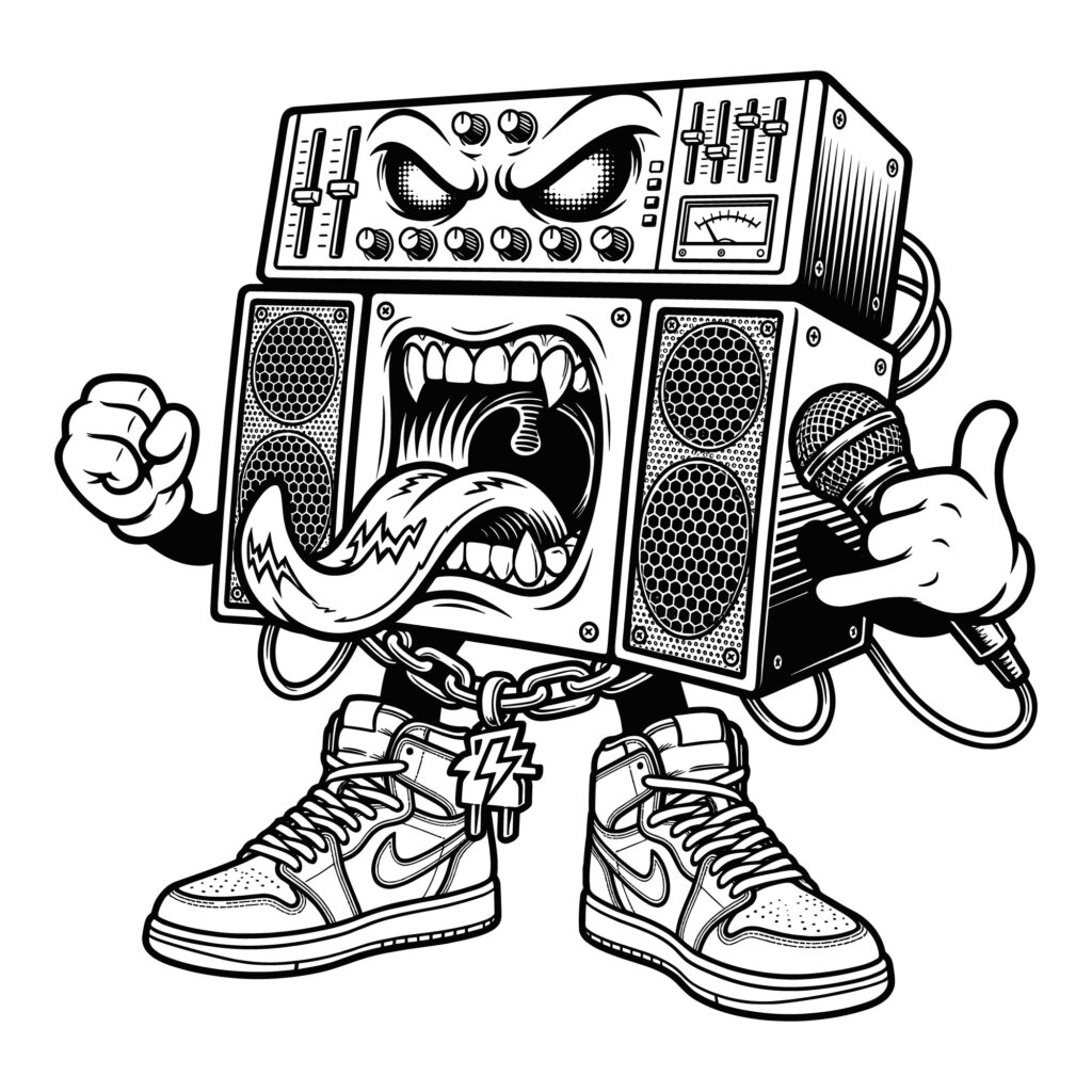 Black and white edgy hip hop boombox character vector illustration holding a microphone