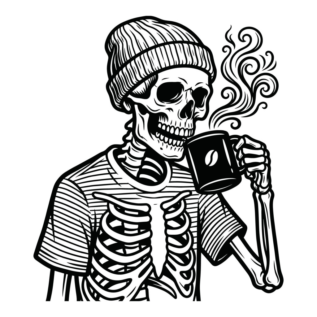 A detailed black and white vintage line art illustration of a skeleton wearing a beanie and drinking from a steaming cup of coffee.