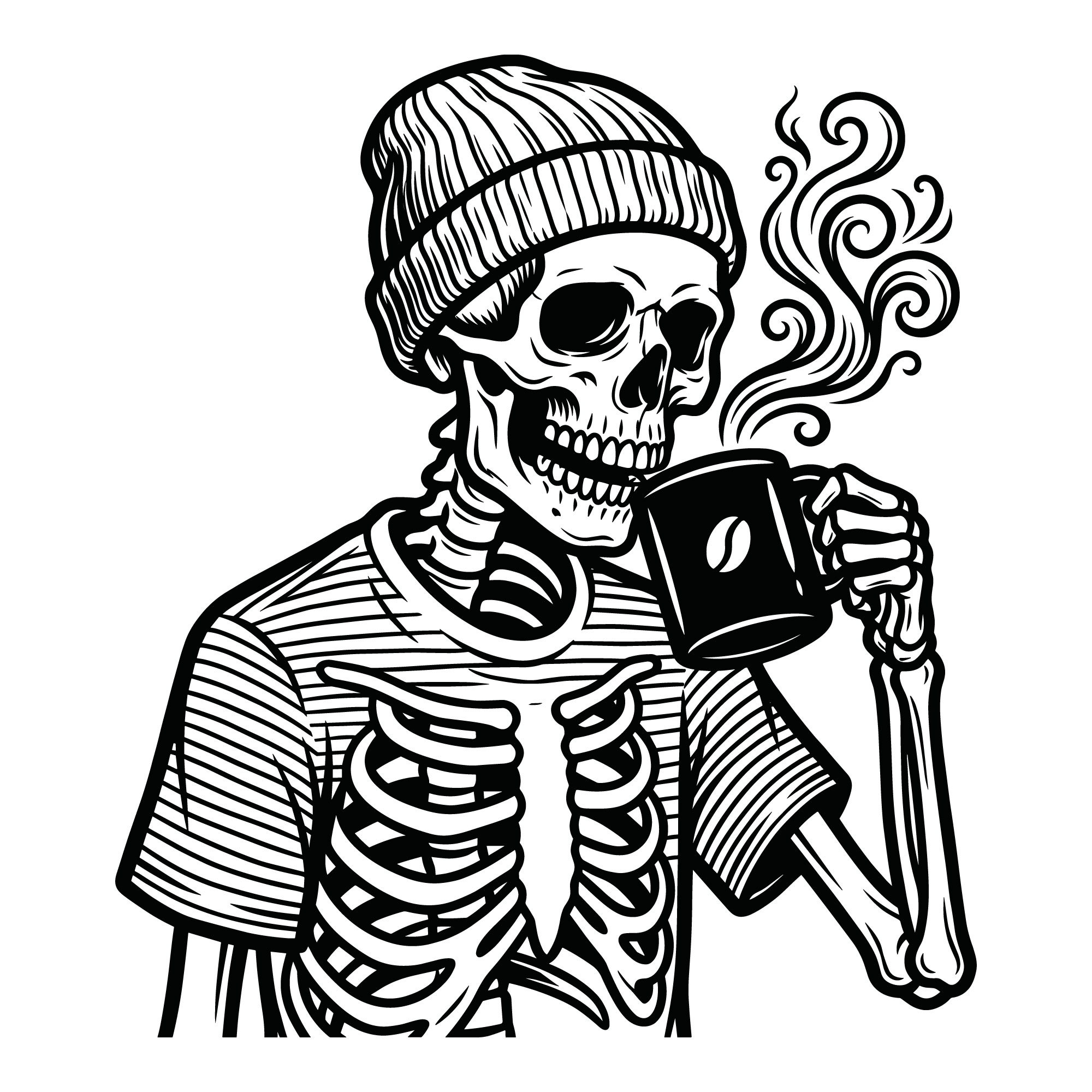 A detailed black and white vintage line art illustration of a skeleton wearing a beanie and drinking from a steaming cup of coffee.