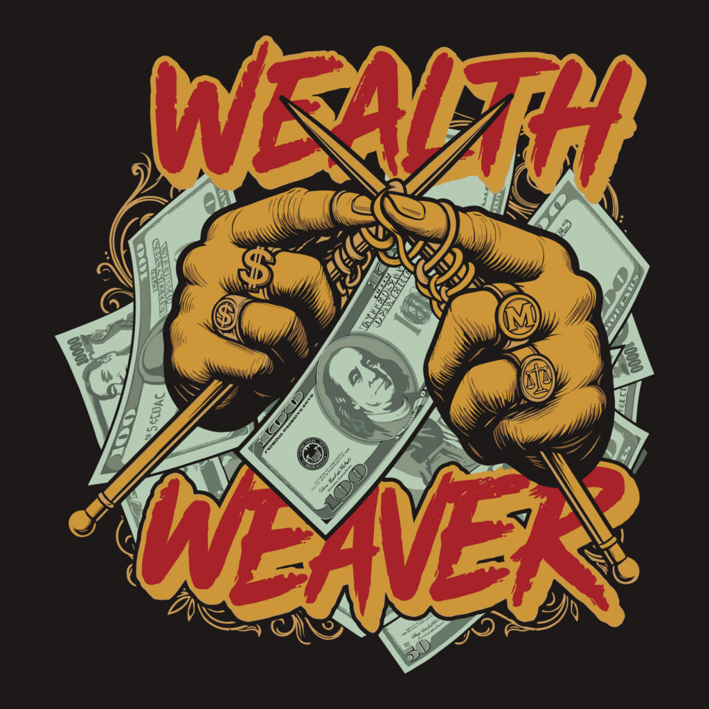 Detailed vintage vector illustration of hands knitting a hundred dollar bill with the text Wealth Weaver.