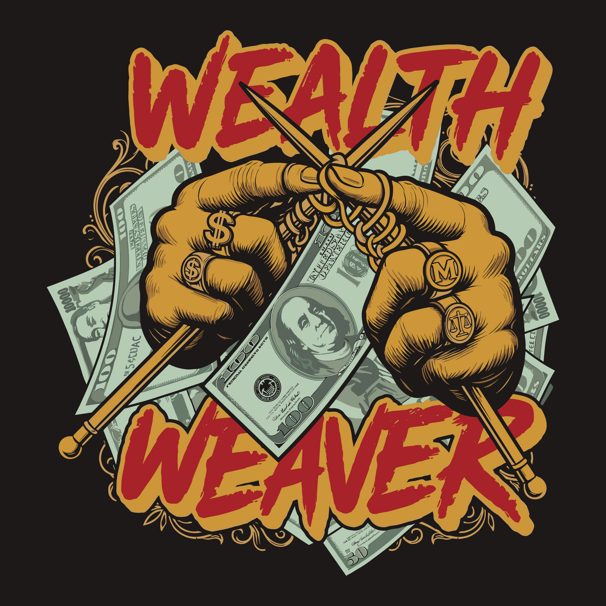 Detailed vintage vector illustration of hands knitting a hundred dollar bill with the text Wealth Weaver.