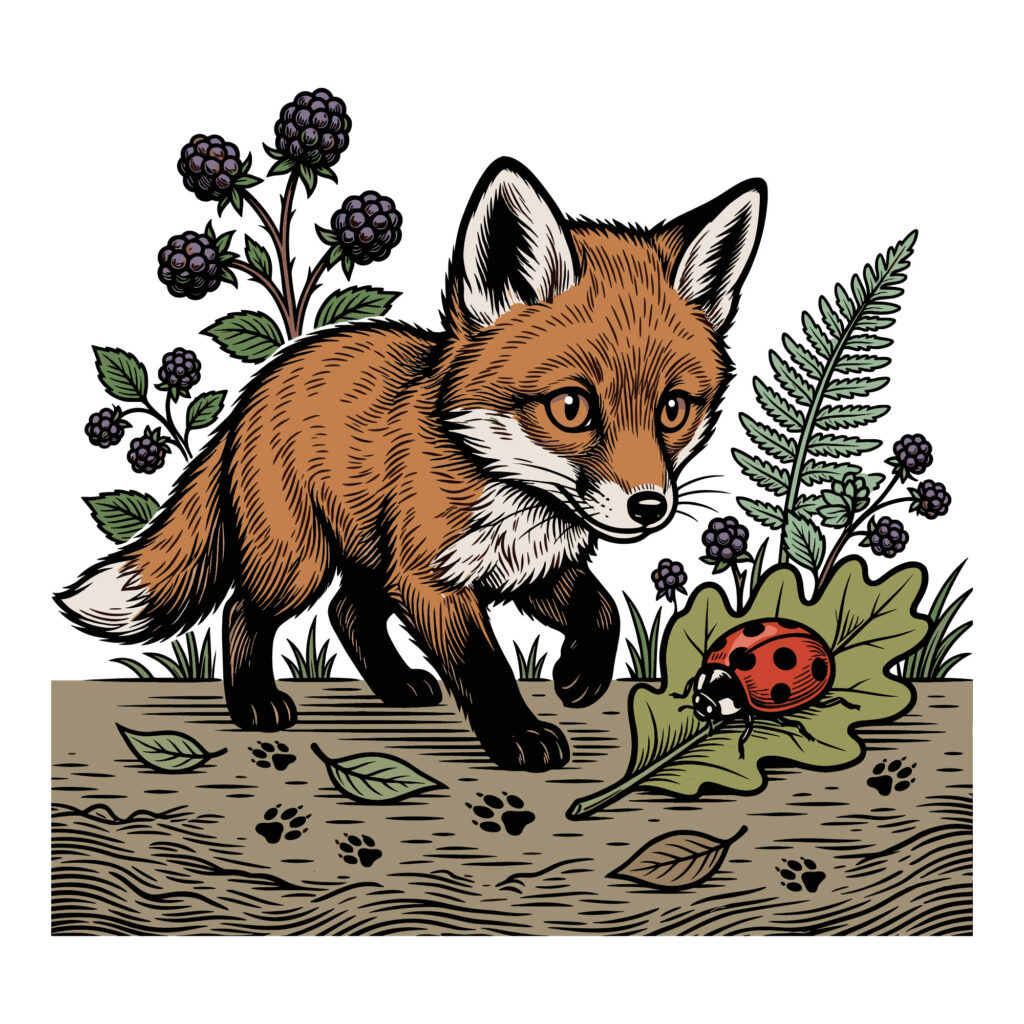 A detailed woodland fox vector illustration looking at a ladybug on an oak leaf surrounded by blackberries and ferns