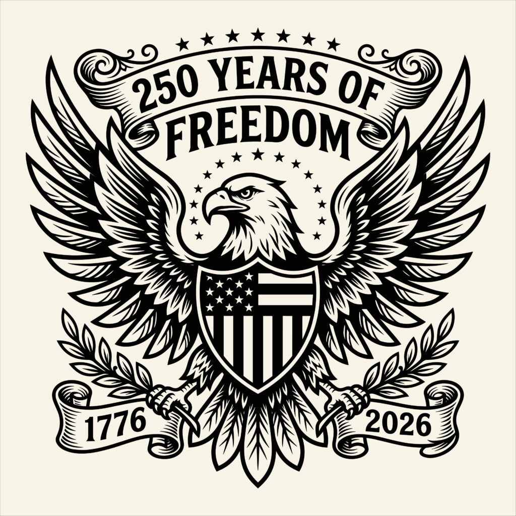 Black and white illustration of a bald eagle with an American flag shield, olive branches, arrows, and text reading 250 Years of Freedom 1776 2026