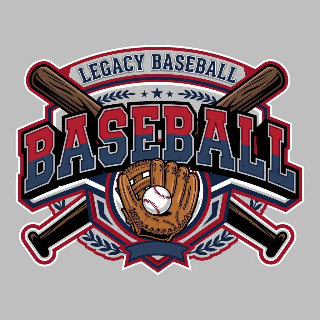 Vintage legacy baseball logo emblem with crossed bats and glove holding a ball vector graphic