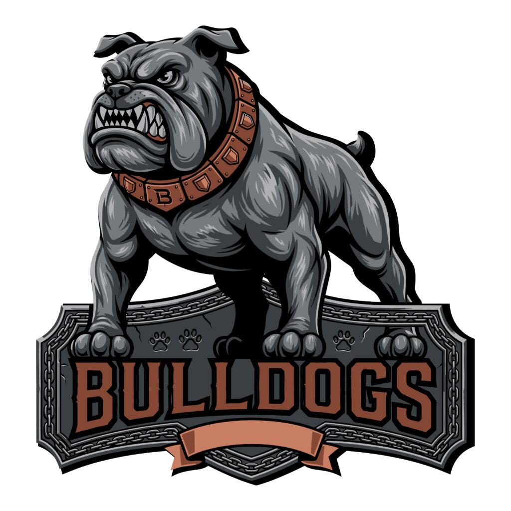 Fierce angry bulldog mascot illustration standing on a metal plaque