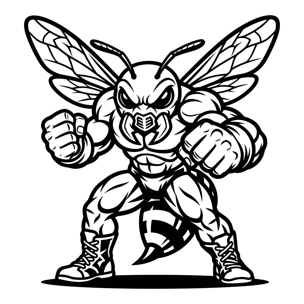 Angry fighting bee mascot vector illustration in black and white