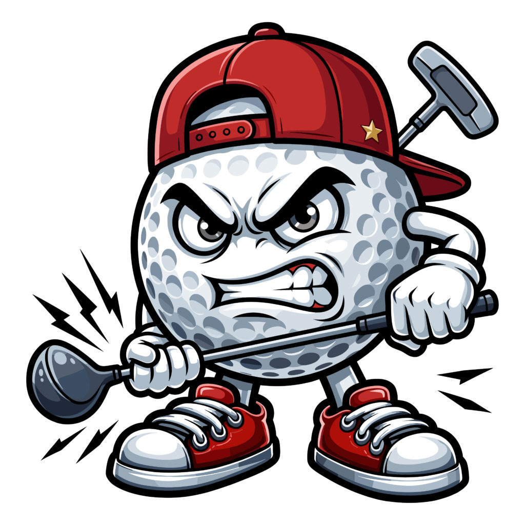 Free angry golf ball mascot cartoon character holding a golf club vector illustration