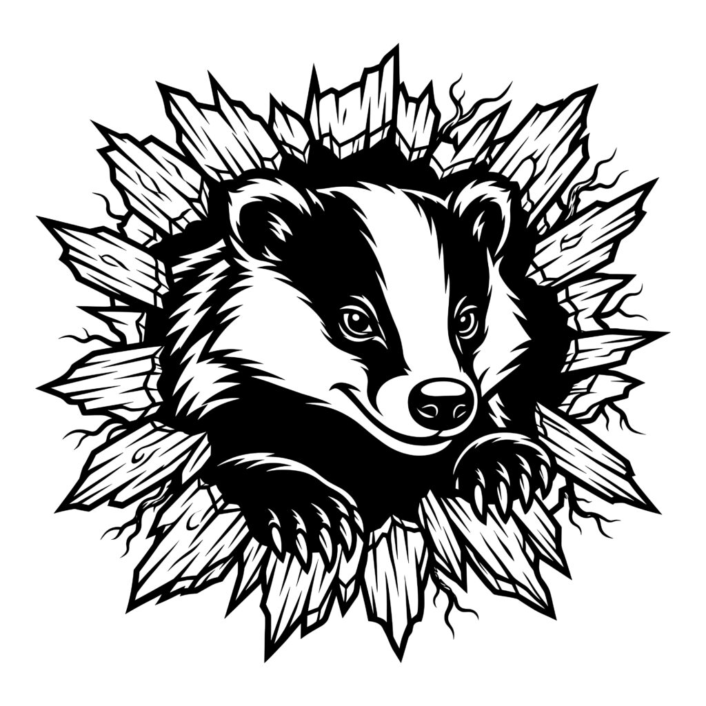 Black and white vector illustration of a badger bursting through shattered wood planks.