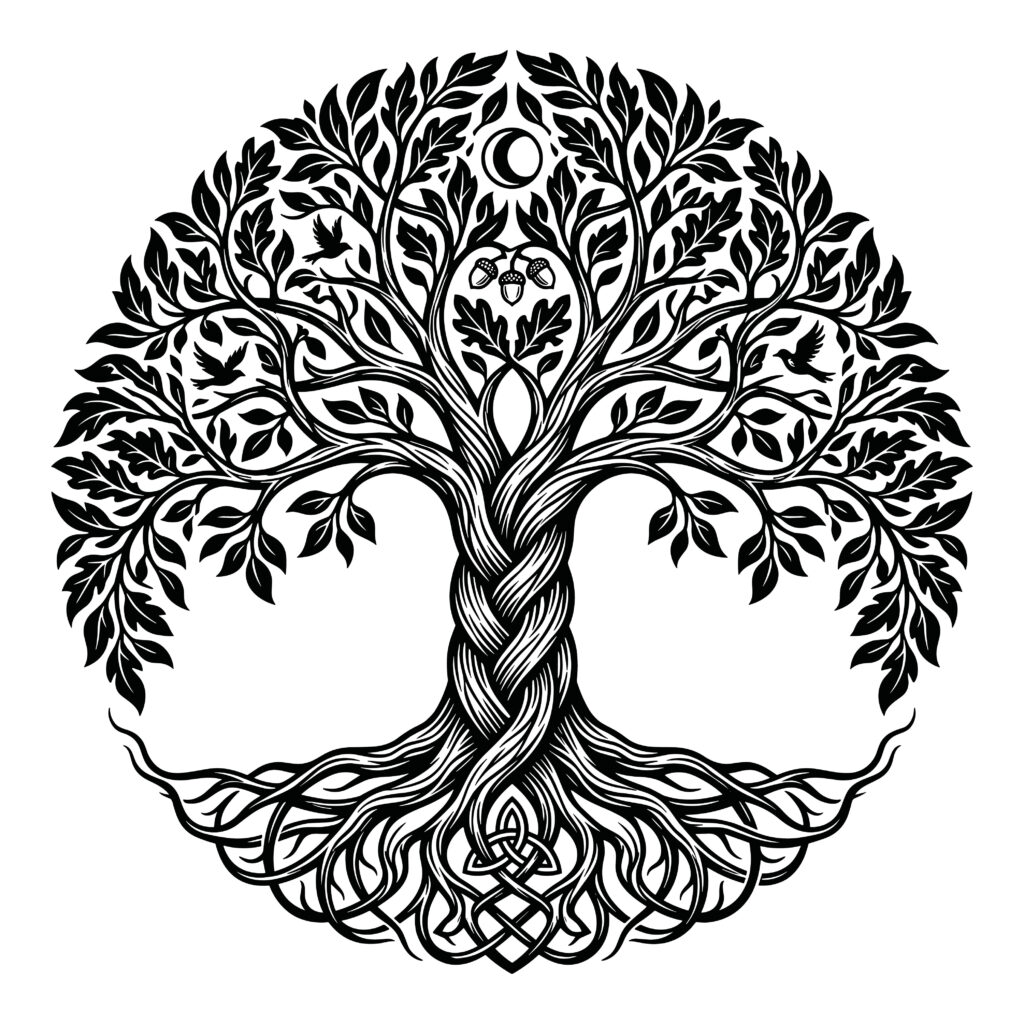 Black and white detailed Celtic Tree of Life vector illustration with knotwork roots, birds, and oak leaves.