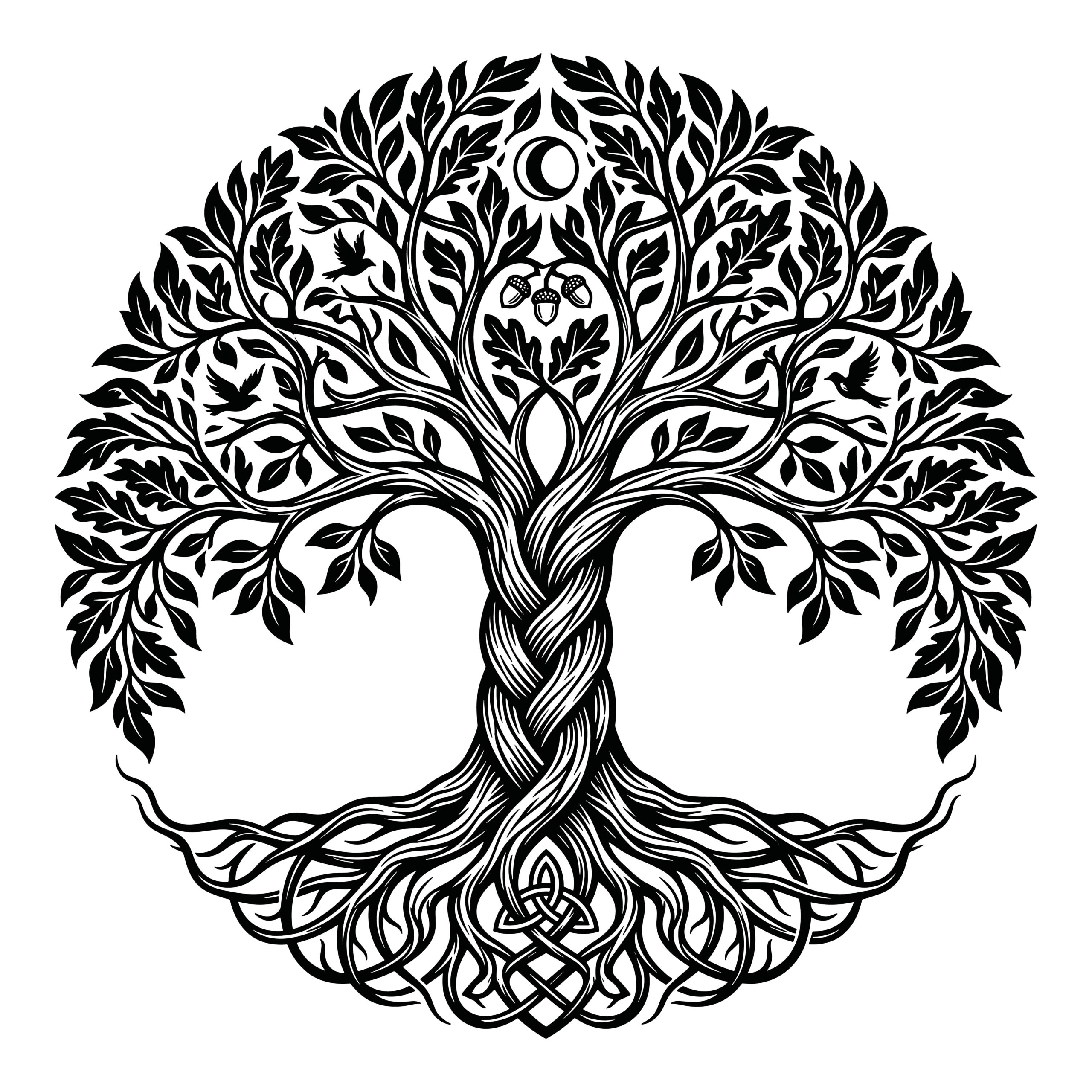Black and white detailed Celtic Tree of Life vector illustration with knotwork roots, birds, and oak leaves.