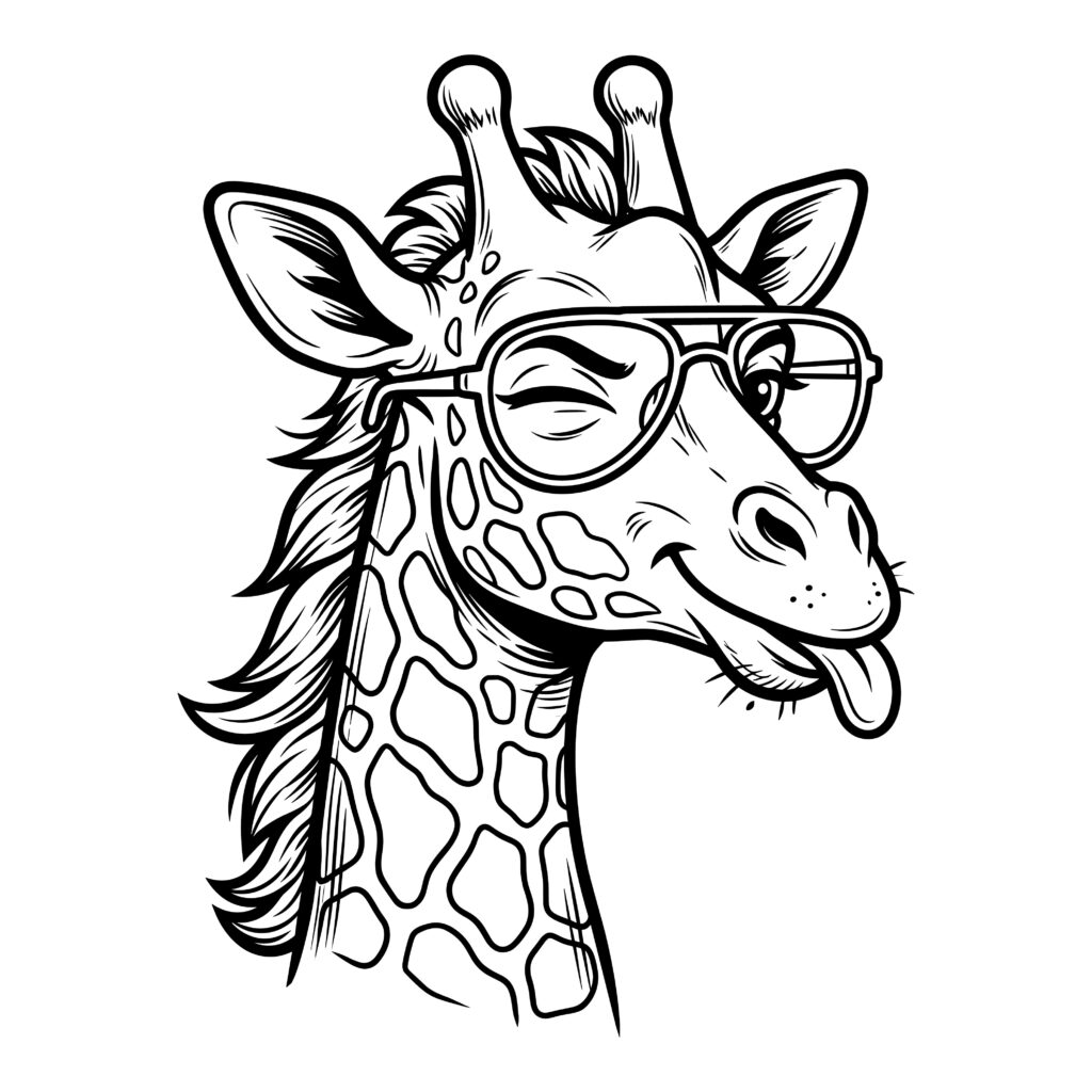 Black and white line art vector illustration of a cool winking giraffe wearing aviator sunglasses and sticking its tongue out