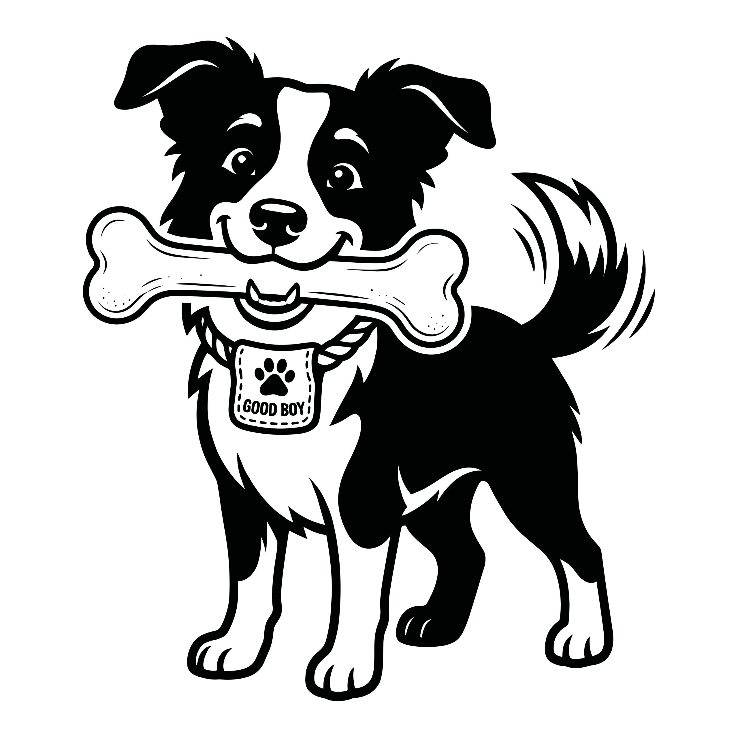 Black and white vector illustration of a cute smiling dog holding a bone in its mouth, wearing a collar with a paw print tag that says Good Boy.