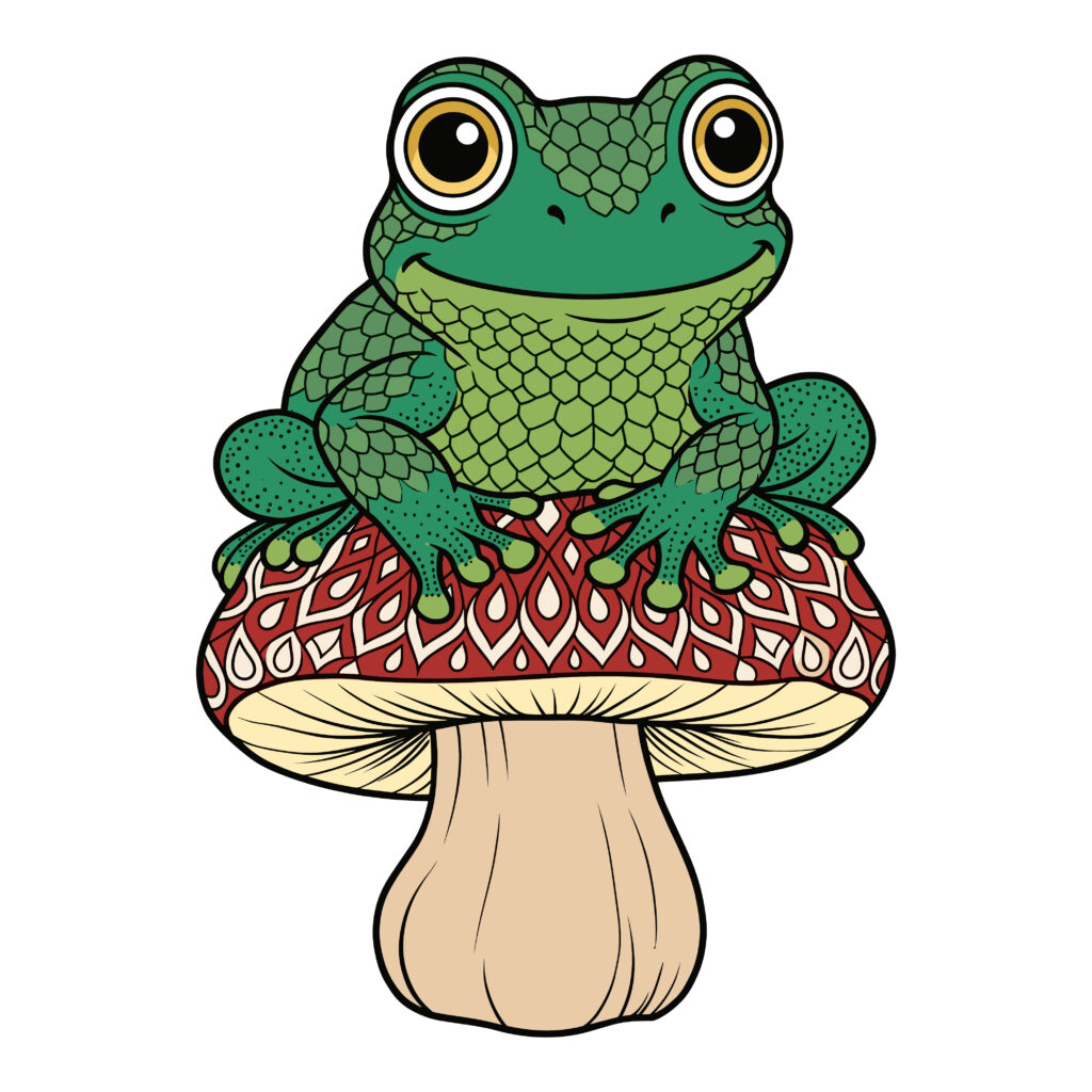 A detailed vector illustration of a cute green frog sitting on a red and white patterned mushroom.