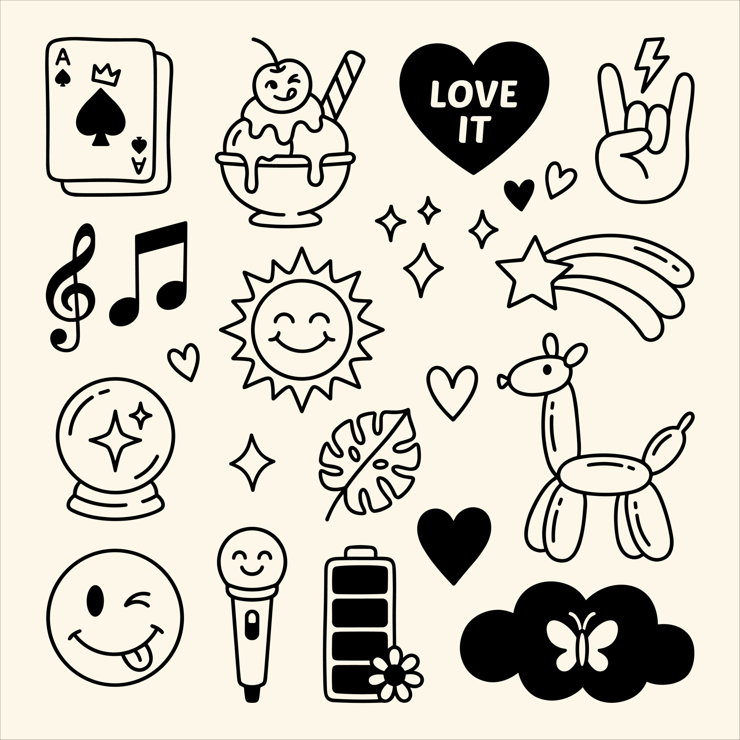 Free cute hand drawn doodle SVG bundle featuring a balloon dog, smiley face, crystal ball, and ice cream line art for Cricut.