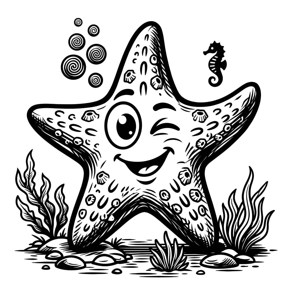 Black and white line art illustration of a cute winking starfish on the ocean floor with bubbles, seaweed, and a seahorse.