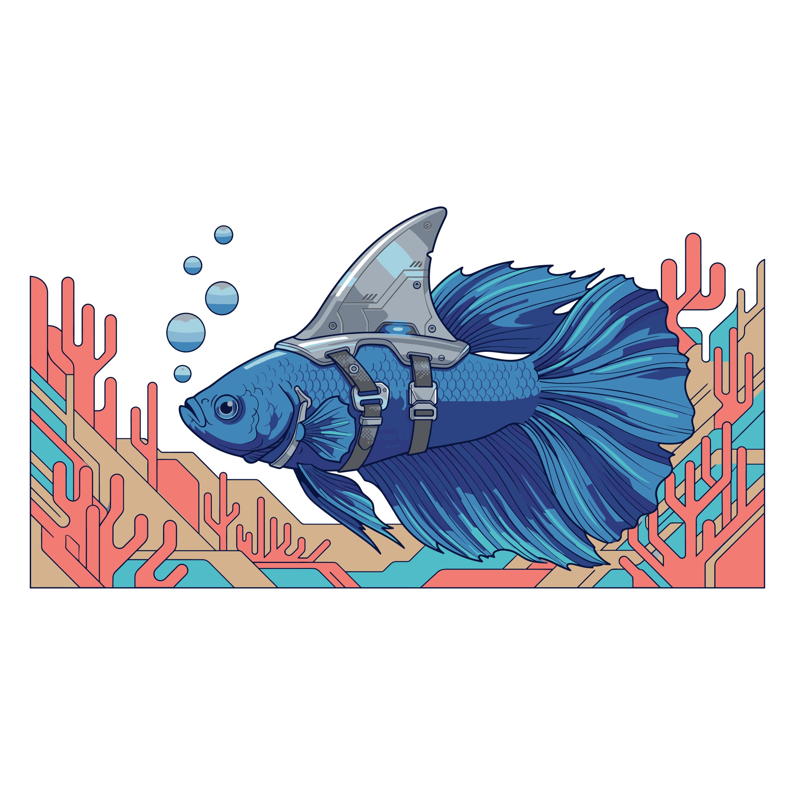 Illustration of a blue Betta fish wearing a futuristic mechanical shark fin harness swimming among coral reefs.